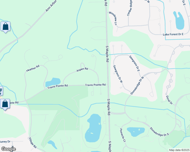 map of restaurants, bars, coffee shops, grocery stores, and more near 2665 Aspen Road in Ann Arbor