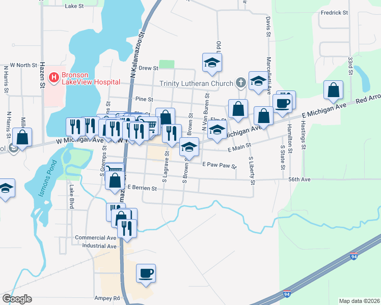 map of restaurants, bars, coffee shops, grocery stores, and more near 501 East Michigan Avenue in Paw Paw