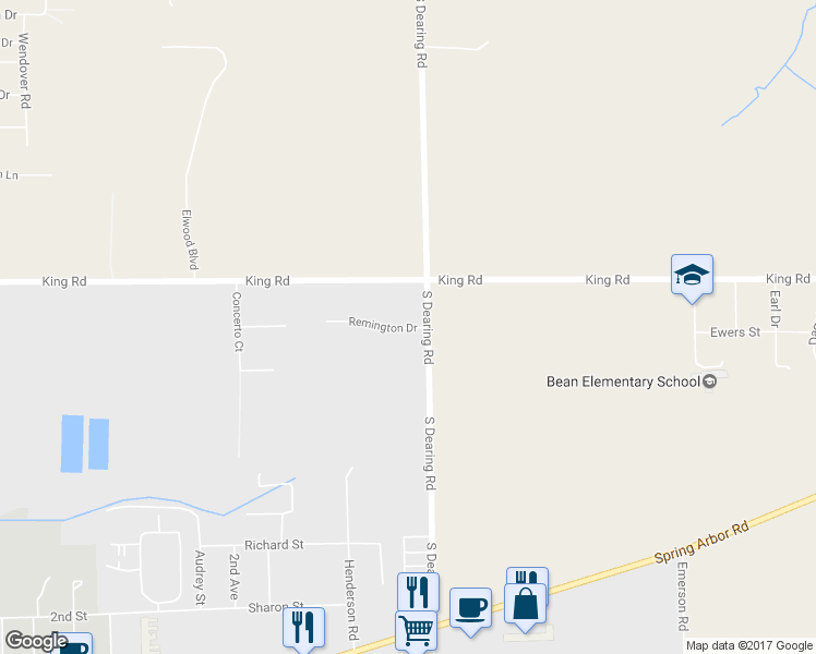 map of restaurants, bars, coffee shops, grocery stores, and more near 102 Remington Drive in Spring Arbor