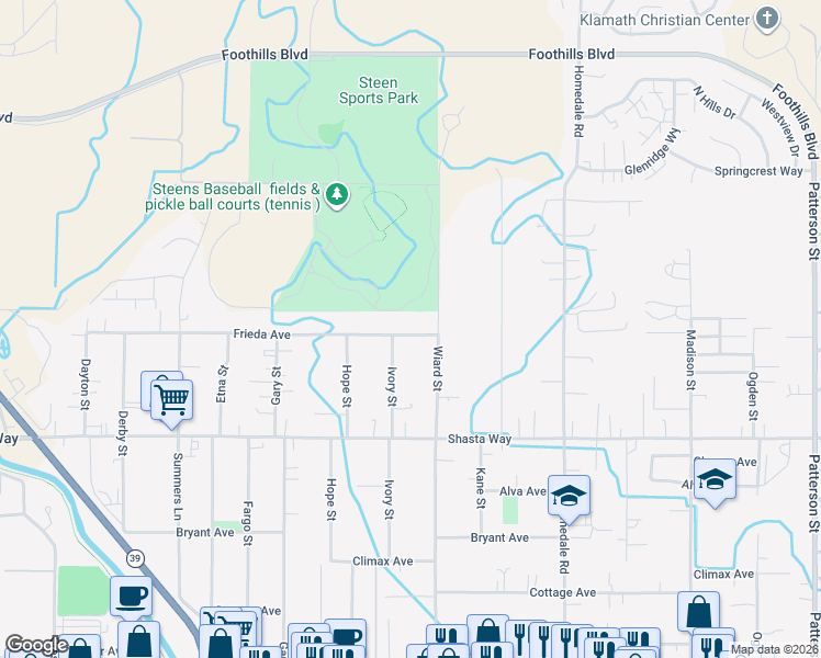 map of restaurants, bars, coffee shops, grocery stores, and more near 1304 Wiard Street in Klamath Falls