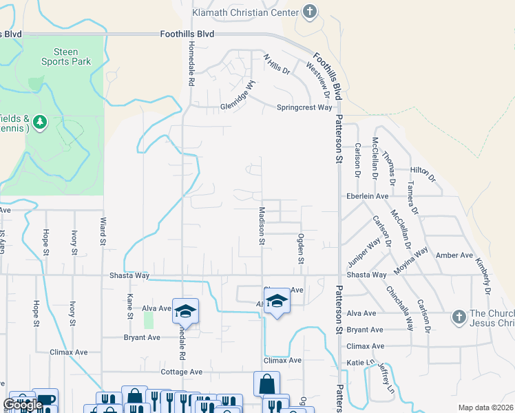 map of restaurants, bars, coffee shops, grocery stores, and more near 1340 Madison Street in Klamath Falls