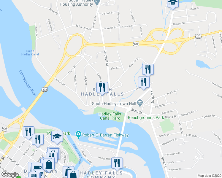 map of restaurants, bars, coffee shops, grocery stores, and more near 1 Gaylord Street in South Hadley