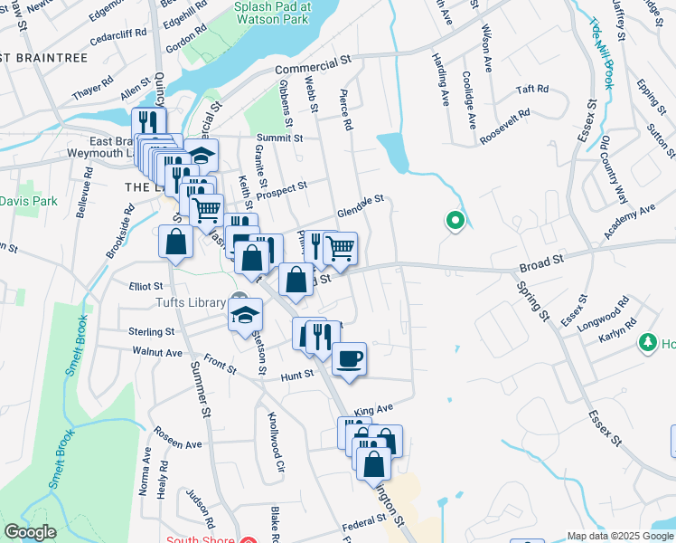 map of restaurants, bars, coffee shops, grocery stores, and more near 135 Broad Street in Weymouth