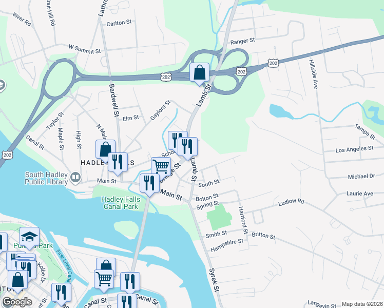 map of restaurants, bars, coffee shops, grocery stores, and more near 35 Lamb Street in South Hadley