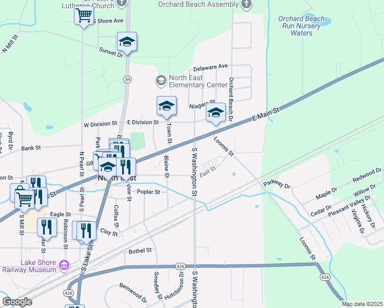 map of restaurants, bars, coffee shops, grocery stores, and more near 99 E Main St in North East