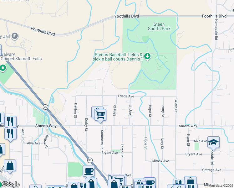 map of restaurants, bars, coffee shops, grocery stores, and more near 4305 Frieda Avenue in Klamath Falls
