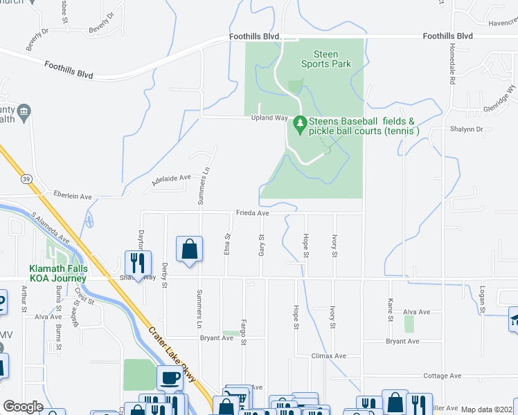 map of restaurants, bars, coffee shops, grocery stores, and more near 4439 Frieda Avenue in Klamath Falls