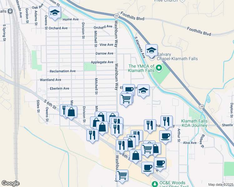 map of restaurants, bars, coffee shops, grocery stores, and more near 2702 Eberlein Avenue in Klamath Falls