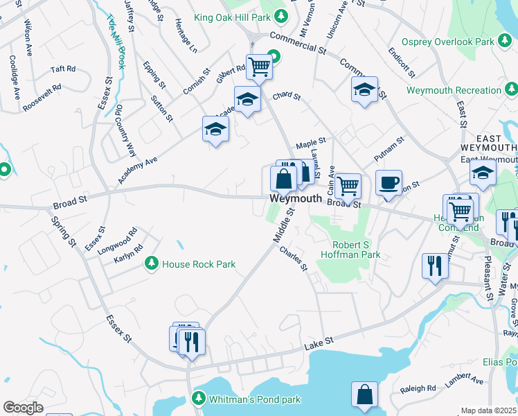 map of restaurants, bars, coffee shops, grocery stores, and more near 519 Broad Street in Weymouth