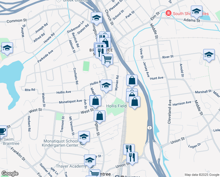 map of restaurants, bars, coffee shops, grocery stores, and more near 11 Clark Street in Braintree