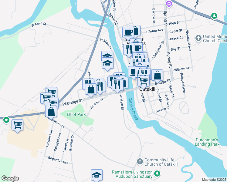 map of restaurants, bars, coffee shops, grocery stores, and more near 26 West Bridge Street in Catskill