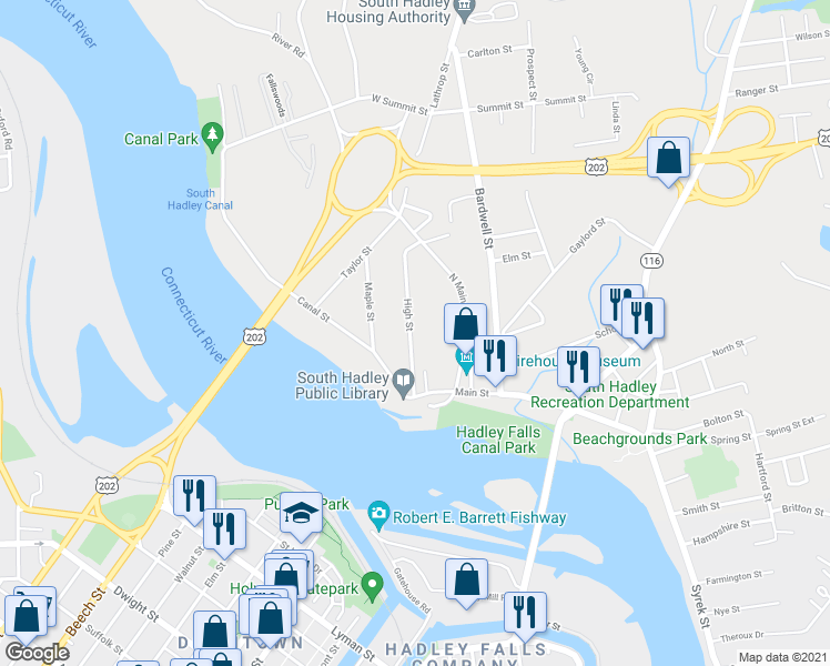 map of restaurants, bars, coffee shops, grocery stores, and more near 47 High Street in South Hadley