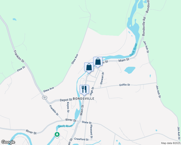 map of restaurants, bars, coffee shops, grocery stores, and more near 3154 Main Street in Bondsville
