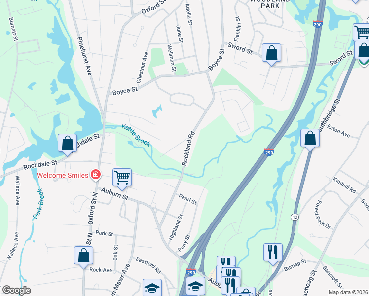 map of restaurants, bars, coffee shops, grocery stores, and more near 76 Rockland Road in Auburn