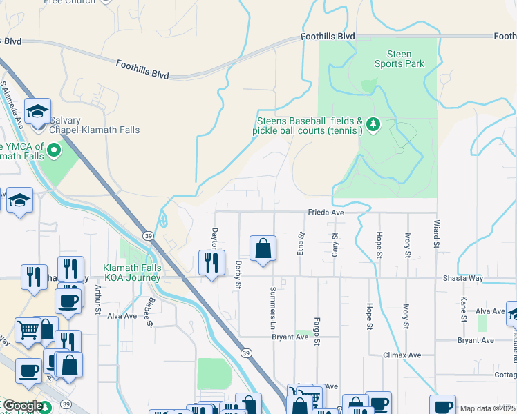 map of restaurants, bars, coffee shops, grocery stores, and more near 4045 Frieda Avenue in Klamath Falls