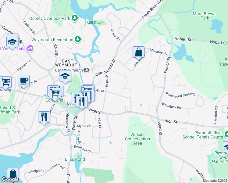 map of restaurants, bars, coffee shops, grocery stores, and more near 66 Hill Street in Weymouth