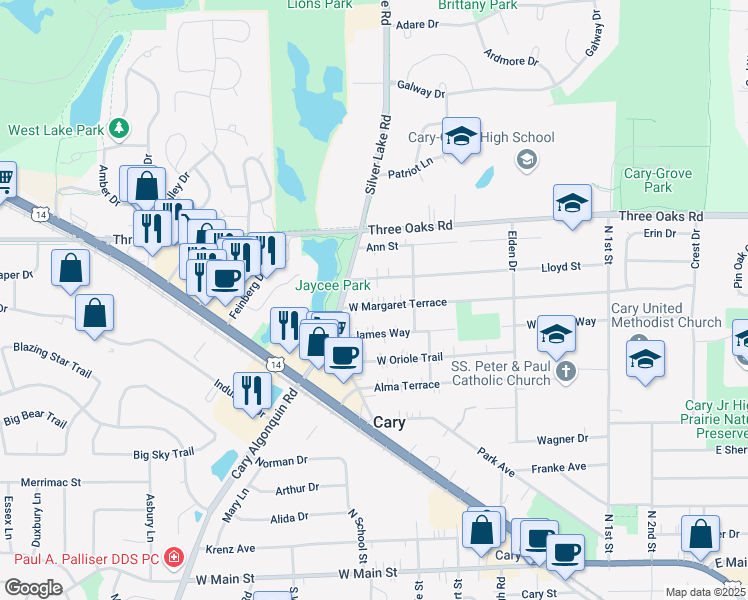 map of restaurants, bars, coffee shops, grocery stores, and more near 460 West Margaret Terrace in Cary