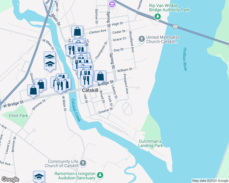 map of restaurants, bars, coffee shops, grocery stores, and more near 30 Liberty Street in Catskill