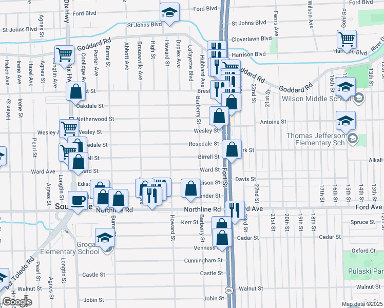 map of restaurants, bars, coffee shops, grocery stores, and more near 12948 Birrell Street in Southgate