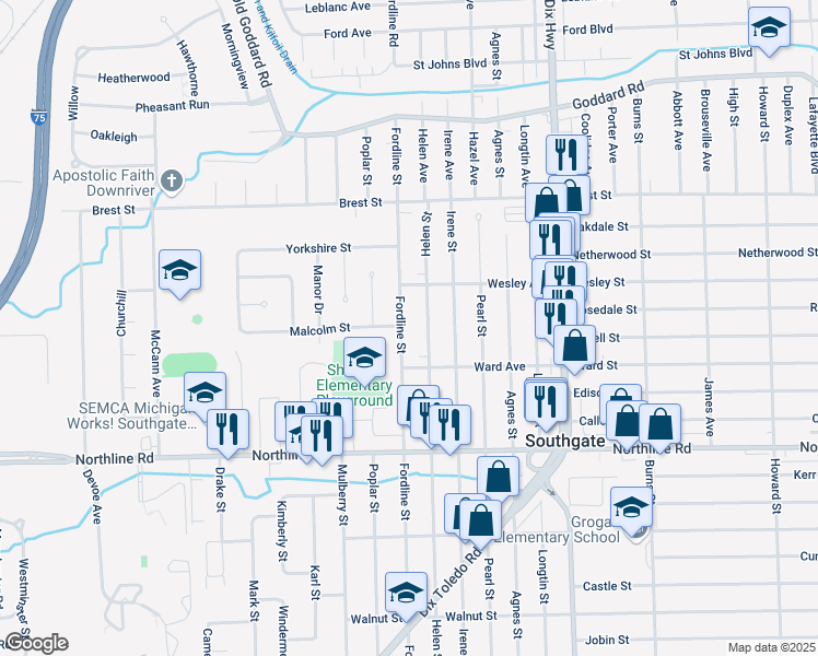 map of restaurants, bars, coffee shops, grocery stores, and more near 12398 Fordline Street in Southgate