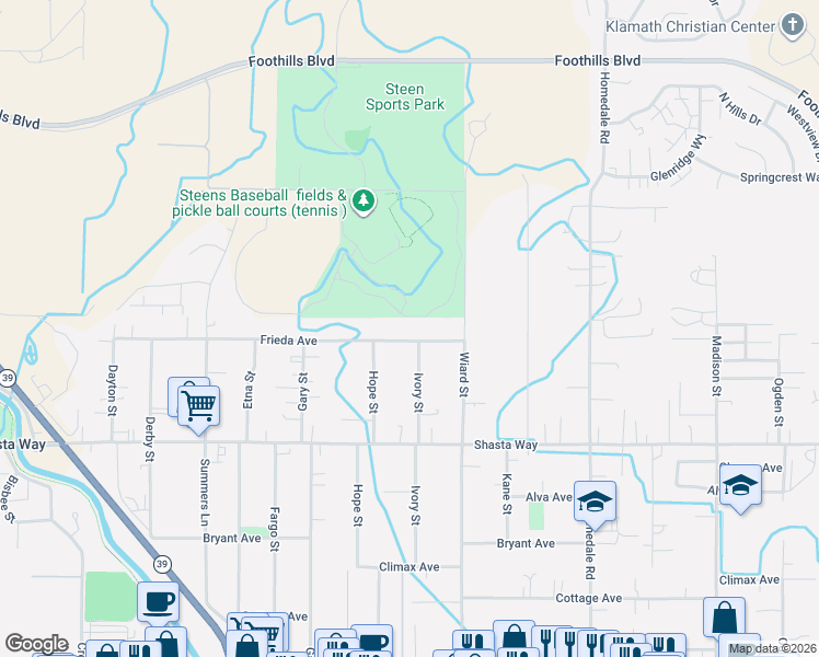 map of restaurants, bars, coffee shops, grocery stores, and more near 4775 Frieda Avenue in Klamath Falls
