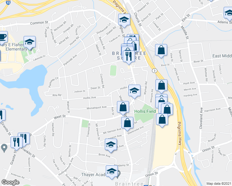 map of restaurants, bars, coffee shops, grocery stores, and more near 46 Hollis Avenue in Braintree