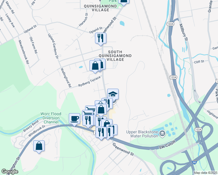 map of restaurants, bars, coffee shops, grocery stores, and more near 325 Greenwood Street in Worcester