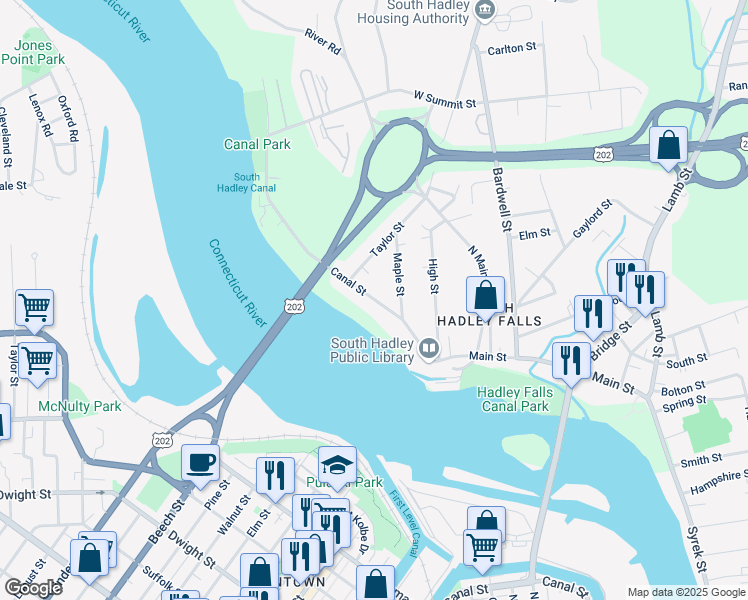 map of restaurants, bars, coffee shops, grocery stores, and more near in South Hadley