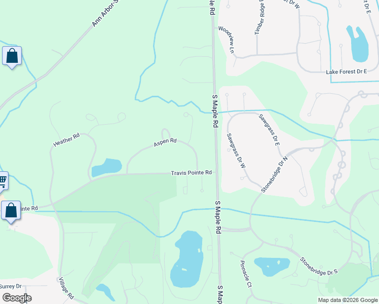 map of restaurants, bars, coffee shops, grocery stores, and more near 2665 Aspen Road in Ann Arbor