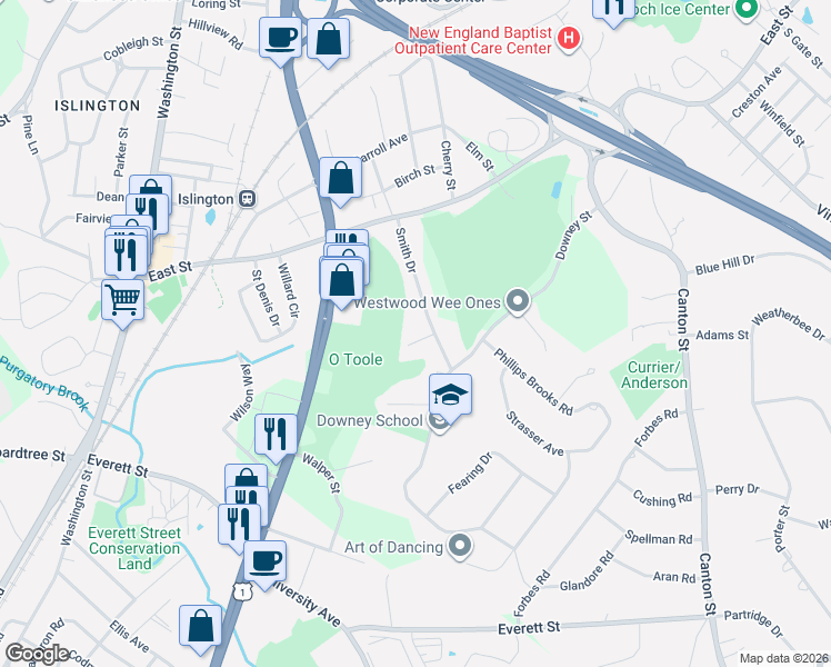 map of restaurants, bars, coffee shops, grocery stores, and more near 25 Spring Lane in Westwood
