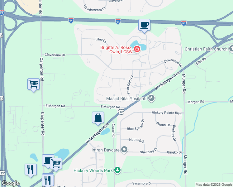 map of restaurants, bars, coffee shops, grocery stores, and more near 4885 Matthew Court in Ypsilanti