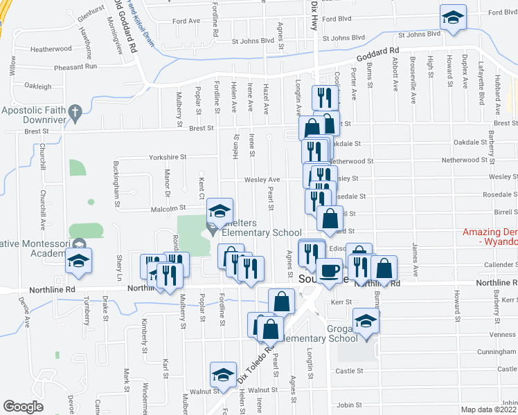 map of restaurants, bars, coffee shops, grocery stores, and more near 12408 Pearl Street in Southgate