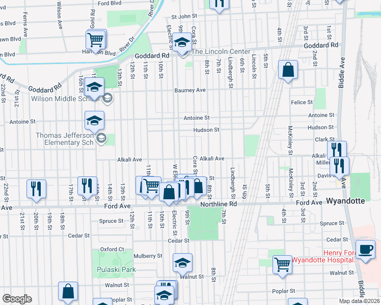 map of restaurants, bars, coffee shops, grocery stores, and more near 1574 Cora Street in Wyandotte