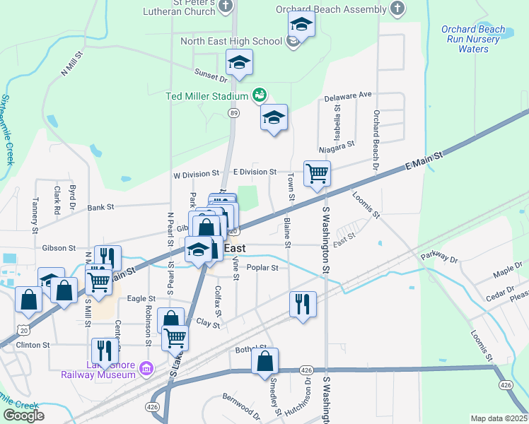 map of restaurants, bars, coffee shops, grocery stores, and more near 58 East Main Street in North East
