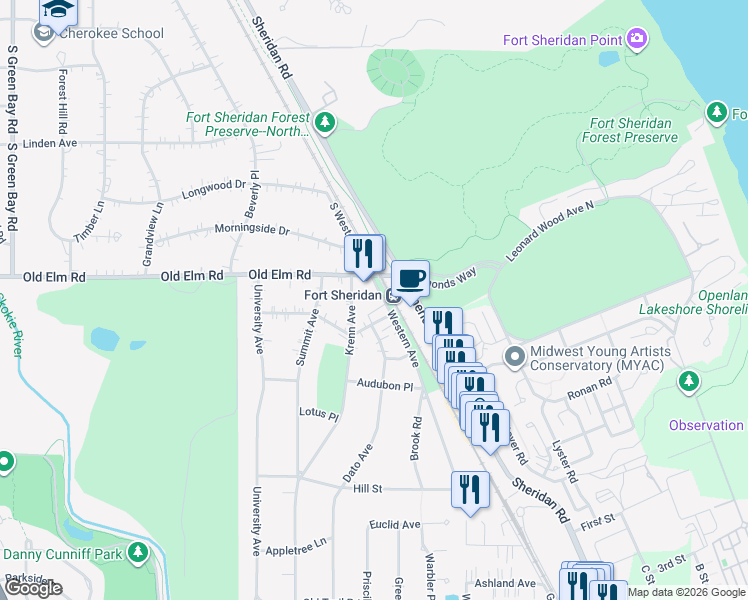 map of restaurants, bars, coffee shops, grocery stores, and more near 3570 Western Avenue in Highland Park