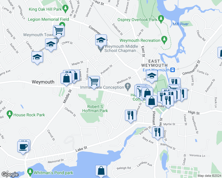 map of restaurants, bars, coffee shops, grocery stores, and more near 18 Filomena Street in Weymouth