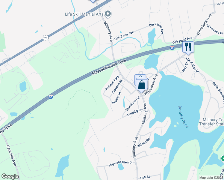 map of restaurants, bars, coffee shops, grocery stores, and more near 18 Croyden Street in Millbury