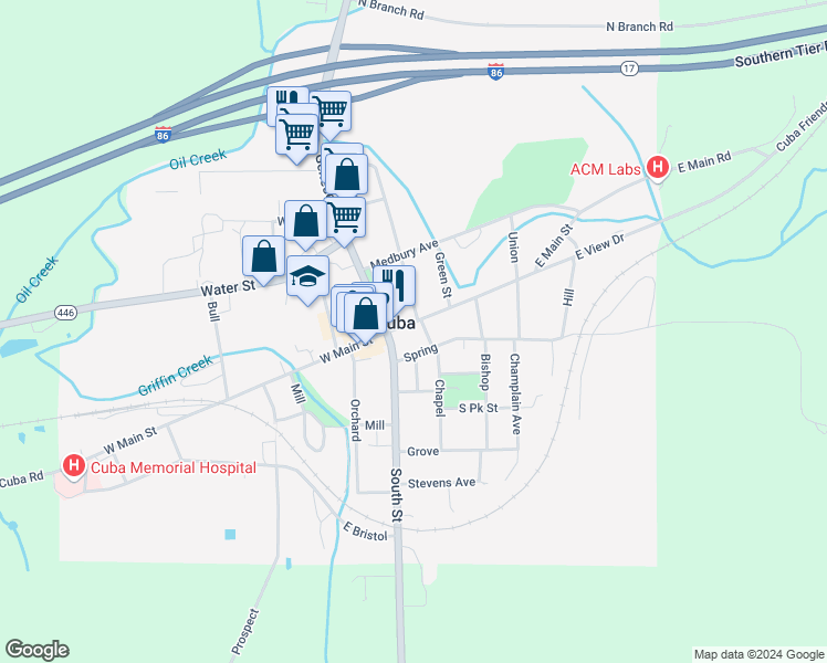 map of restaurants, bars, coffee shops, grocery stores, and more near 34 East Main Street in Cuba