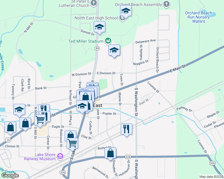 map of restaurants, bars, coffee shops, grocery stores, and more near 58 East Main Street in North East