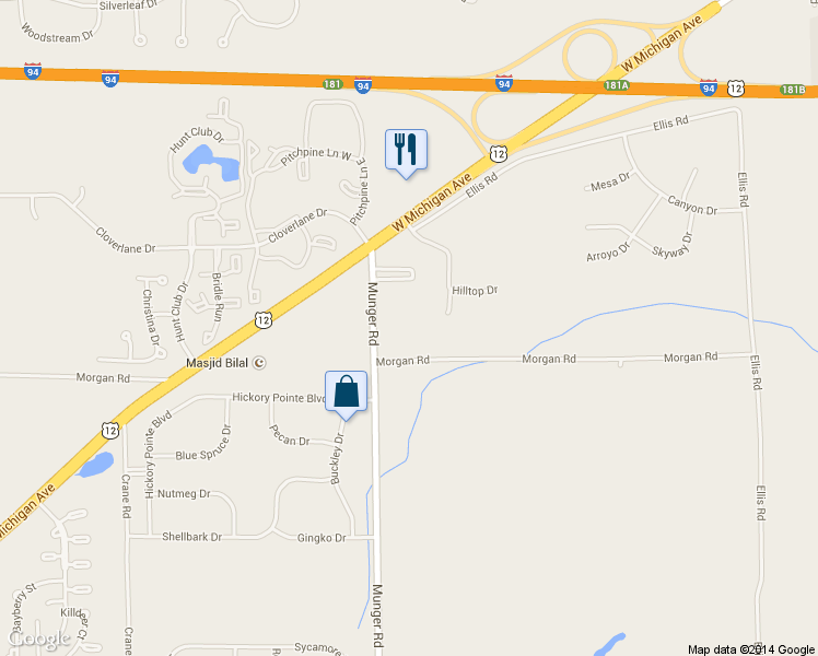 map of restaurants, bars, coffee shops, grocery stores, and more near 4851 Munger Road in Ypsilanti