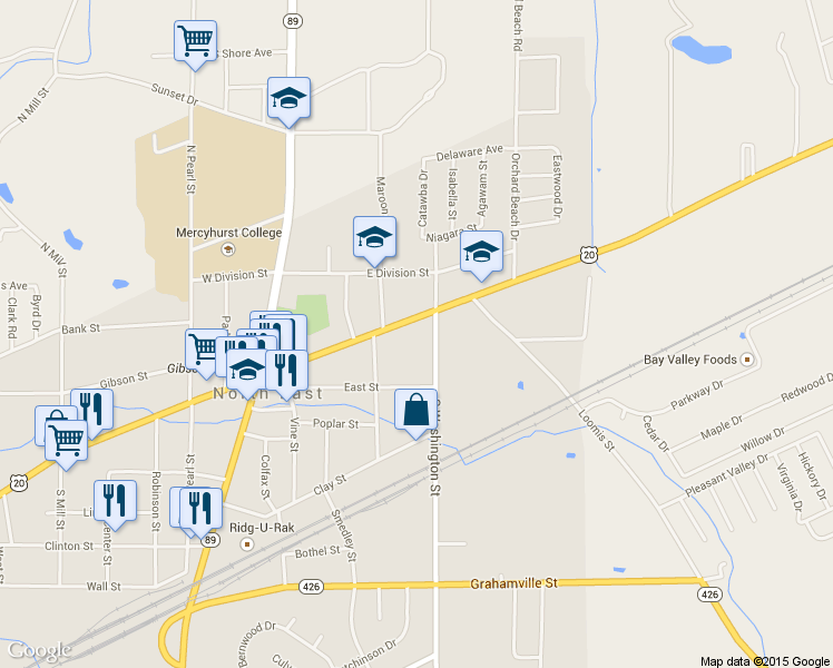 map of restaurants, bars, coffee shops, grocery stores, and more near 99 E Main St in North East