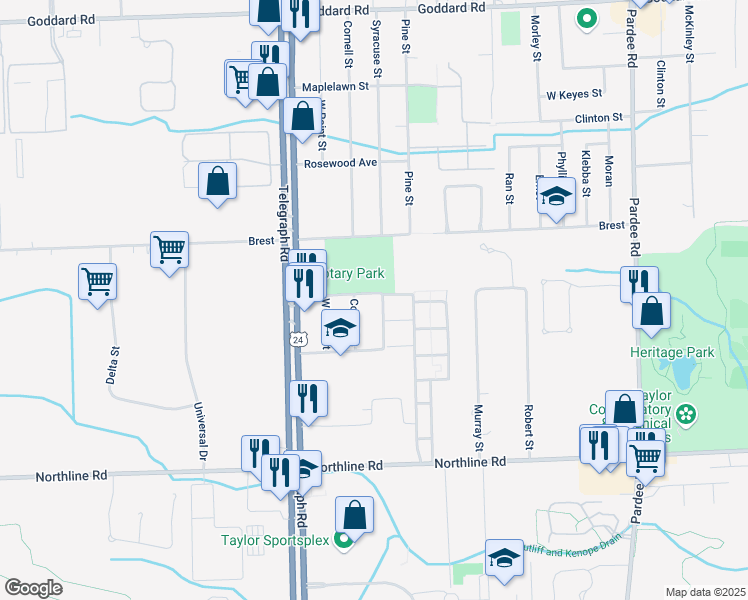 map of restaurants, bars, coffee shops, grocery stores, and more near 12210 Syracuse Street in Taylor