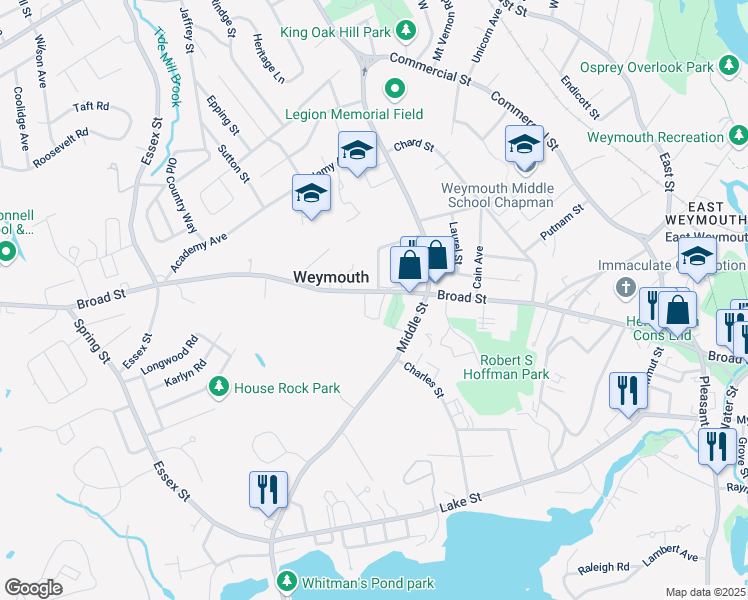 map of restaurants, bars, coffee shops, grocery stores, and more near 519 Broad Street in Weymouth