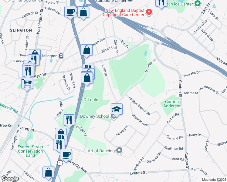 map of restaurants, bars, coffee shops, grocery stores, and more near 102 Smith Drive in Westwood