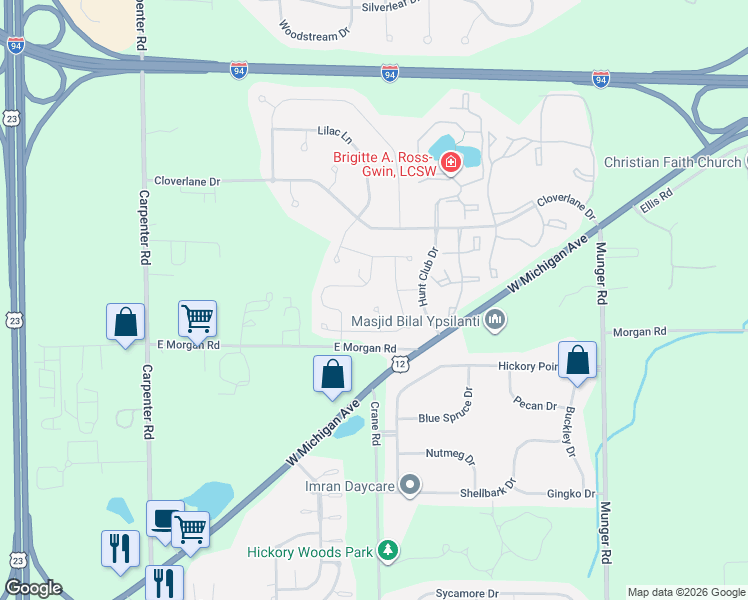 map of restaurants, bars, coffee shops, grocery stores, and more near 4885 Matthew Court in Ypsilanti