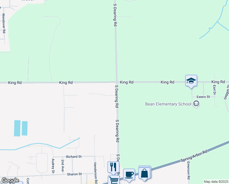 map of restaurants, bars, coffee shops, grocery stores, and more near 102 Remington Drive in Spring Arbor