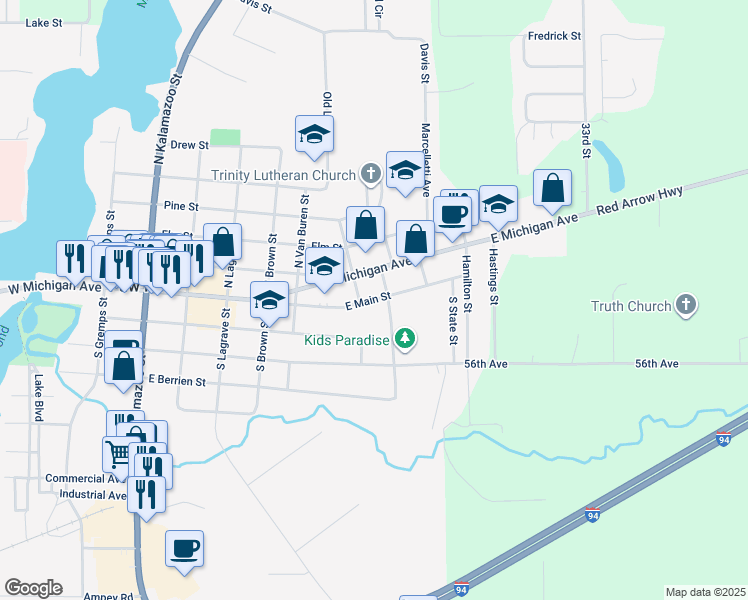 map of restaurants, bars, coffee shops, grocery stores, and more near 709 East Main Street in Paw Paw