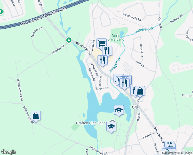 map of restaurants, bars, coffee shops, grocery stores, and more near Hill Road in Grafton