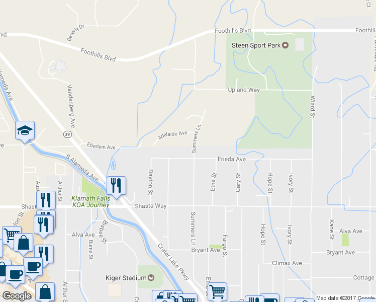 map of restaurants, bars, coffee shops, grocery stores, and more near 4047 Frieda Avenue in Klamath Falls