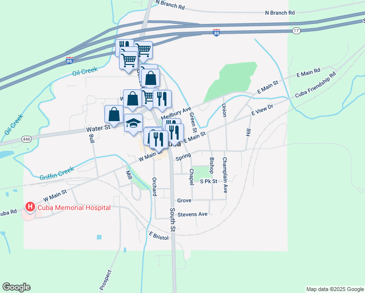 map of restaurants, bars, coffee shops, grocery stores, and more near 34 East Main Street in Cuba